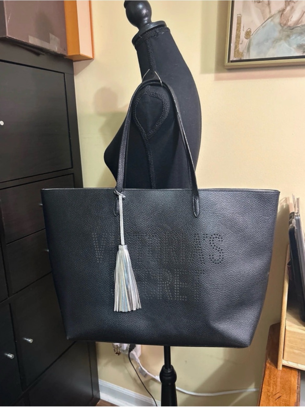Victoria's Secret Black Leather Tote with Silver Tassel